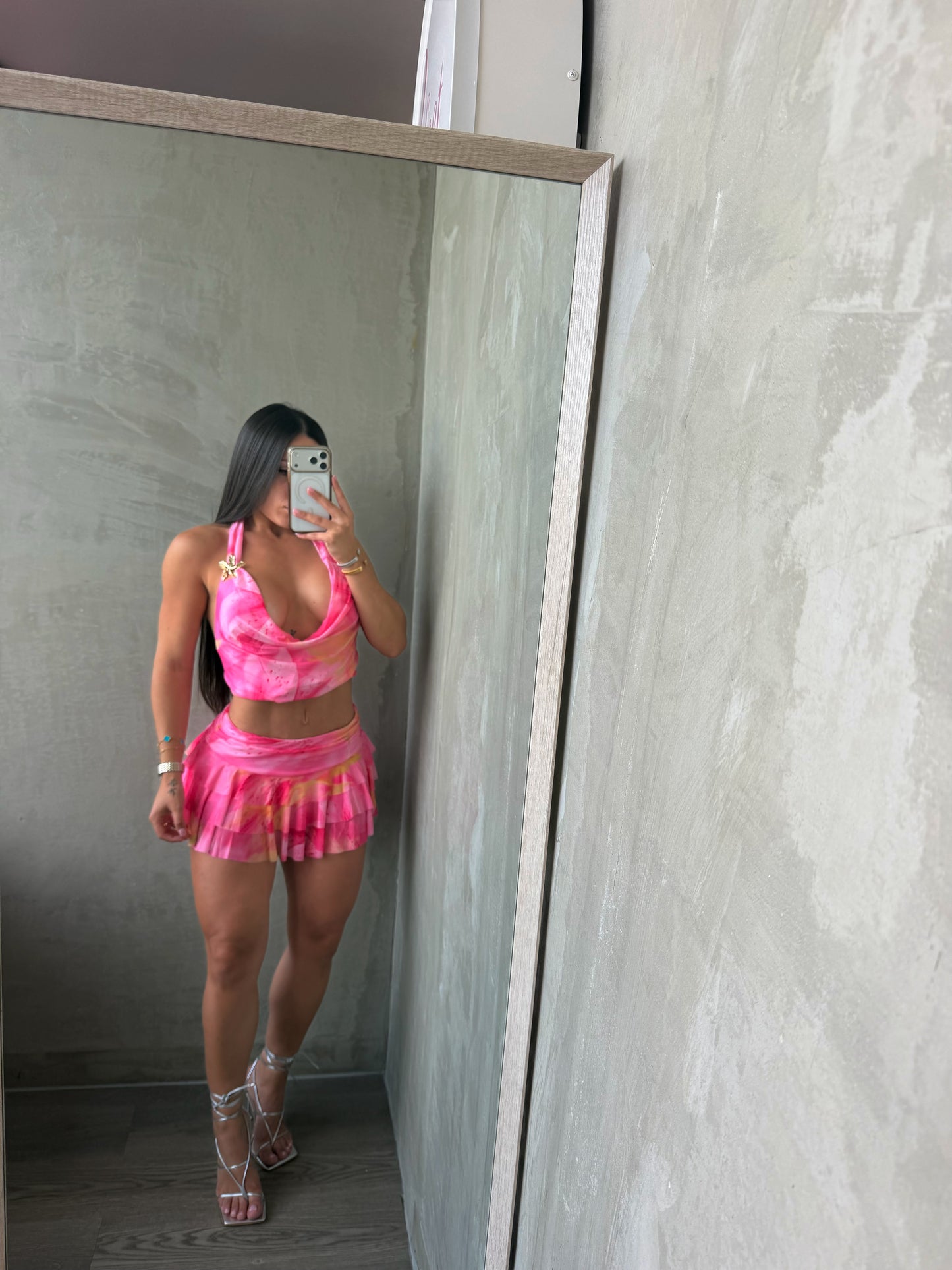 Pink Print Halter Top & Skirt Set