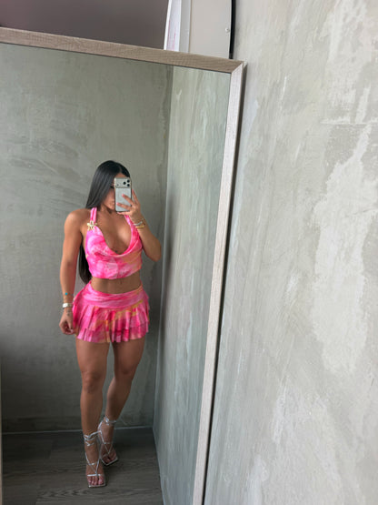 Pink Print Halter Top & Skirt Set