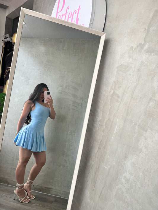 Light Blue One Shoulder Pleated Dress
