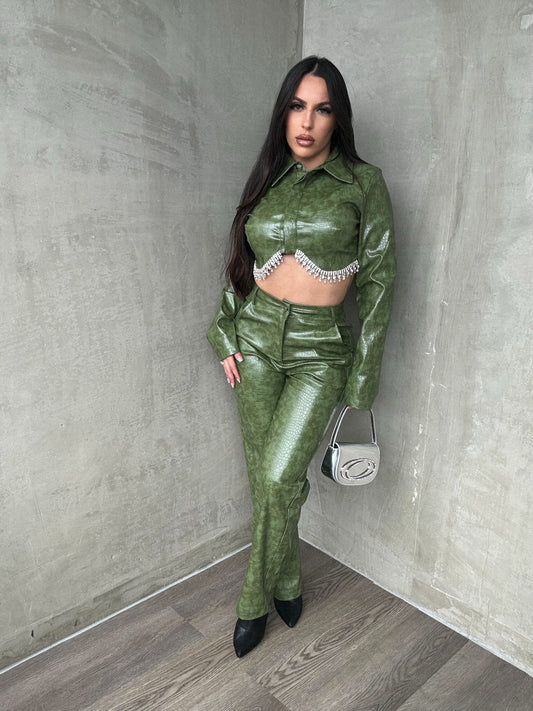 Olive Leather Jacket With Rhinestones Pants Set