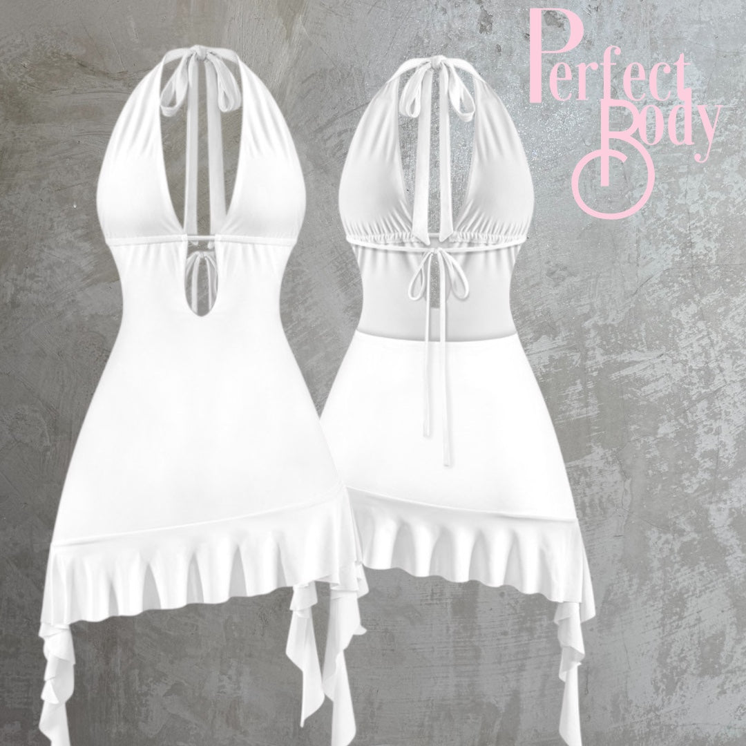 White Halter Ruffled Dress