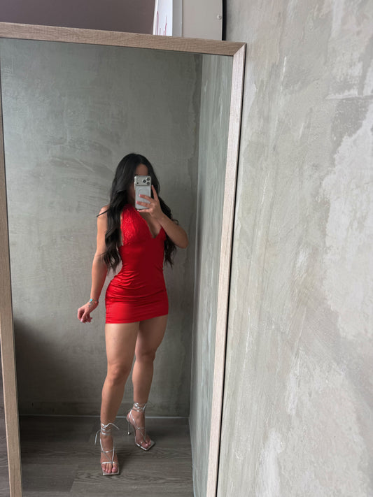 Red Lace Halter Satin Dress