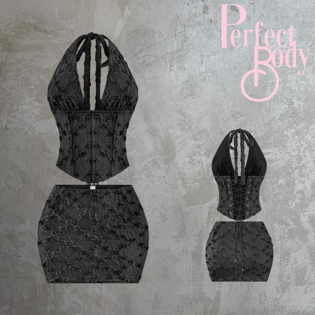 Black Floral Lace Corset & Skirt Set