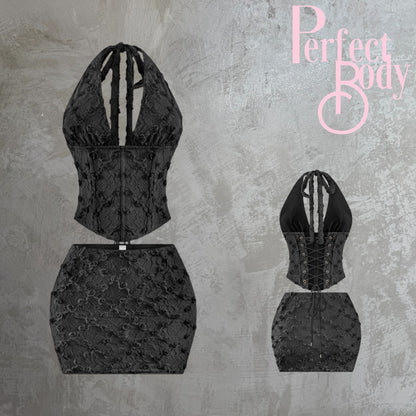 Black Floral Lace Corset & Skirt Set