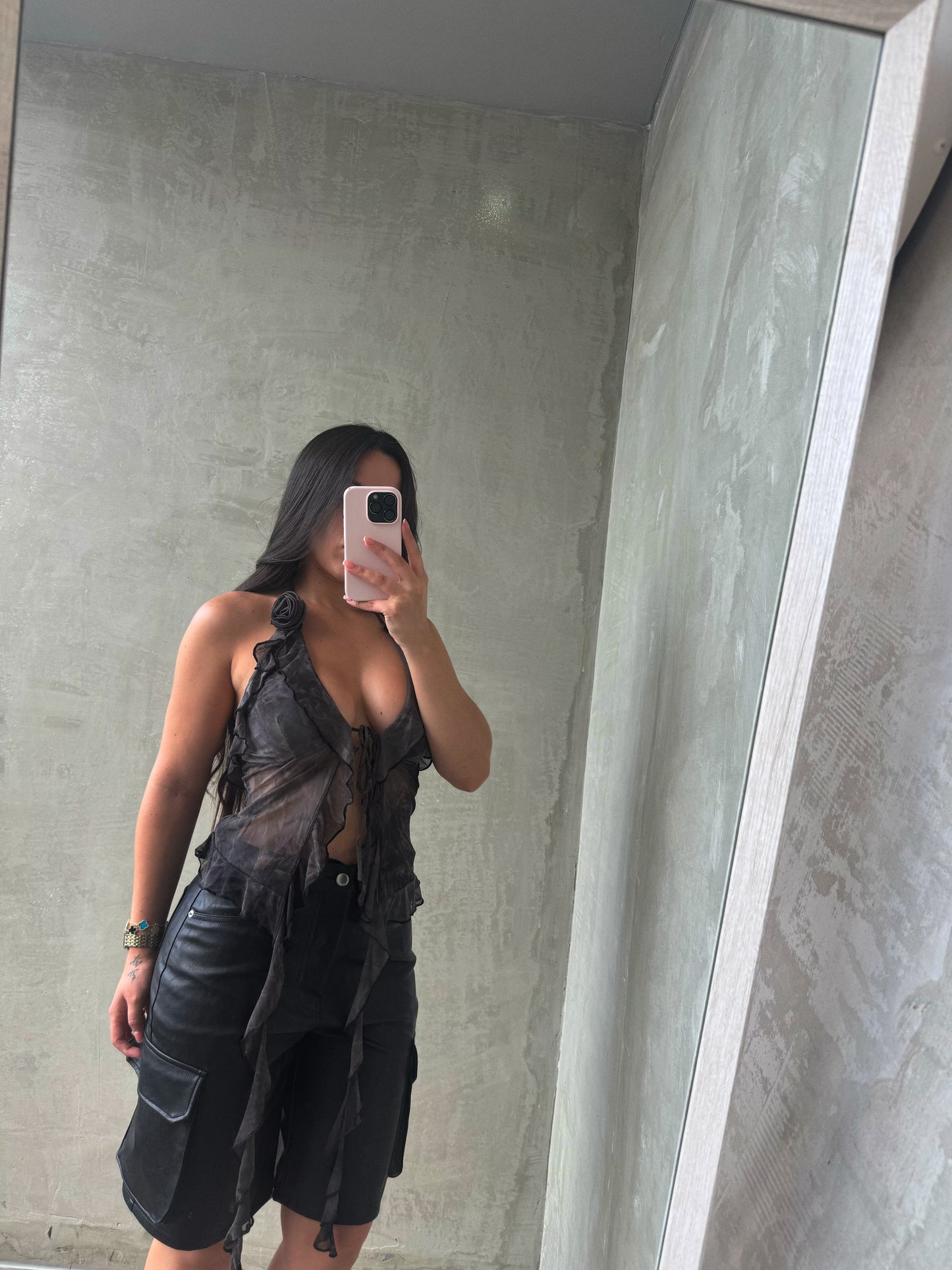 Carbon Black Mesh Ruffled Top
