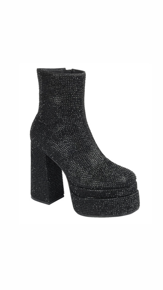 Black Chunky Rhinestones Boots