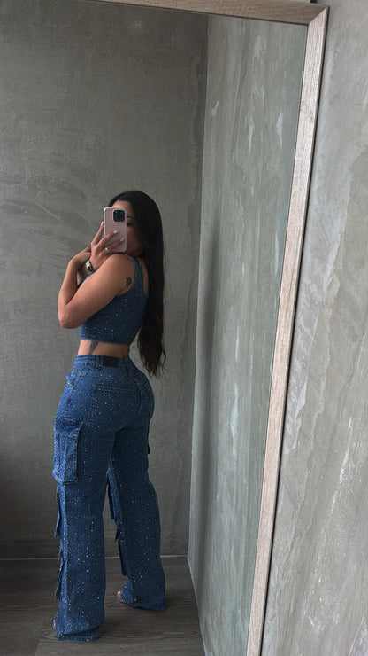 Rhinestones Denim Corset & Cargo Set