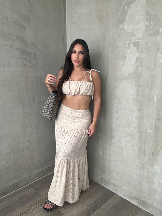 Taupe Eyelet Maxi Skirt Set