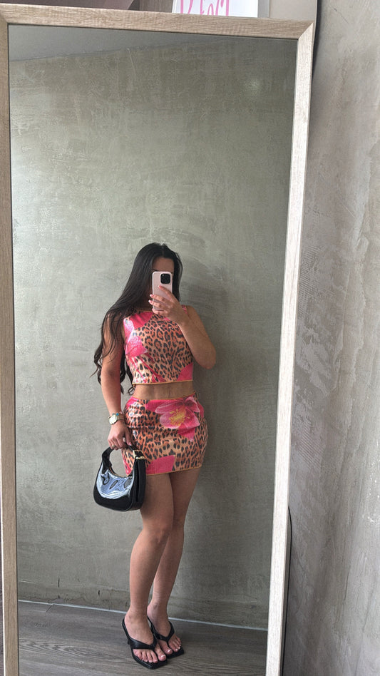 Pink Flower Sequin Animal Print Skirt Set