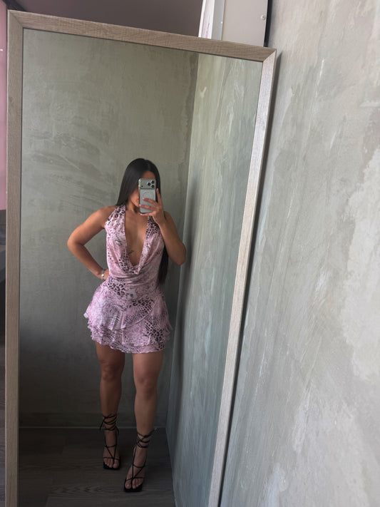 Light Pink Print Halter Mesh Dress