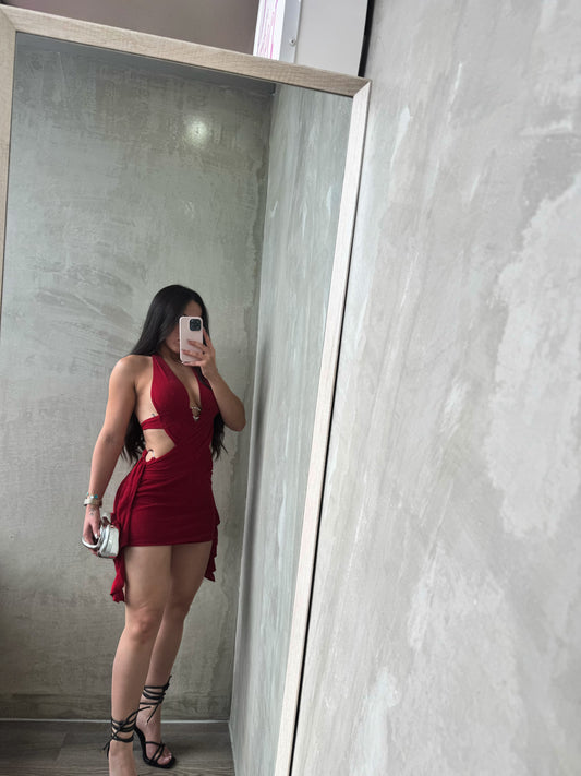 Red Metallic Halter Dress