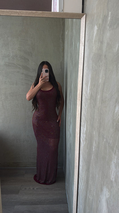 Burgundy Rhinestones Maxi Dress