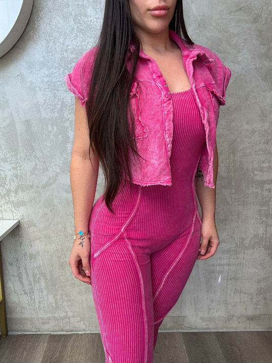 Fuchsia Mineral Wash Jumpsuit With Crop Jacket