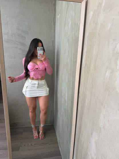 Light Pink Lace Mesh Long Sleeve Corset Top