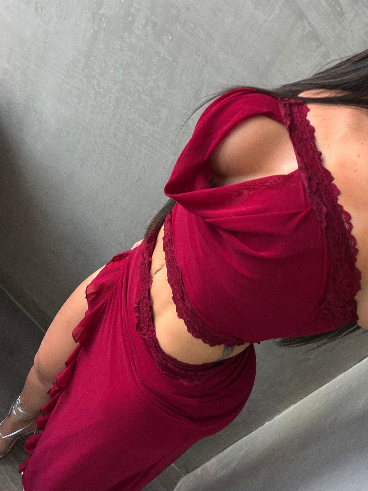 Burgundy Strapless Mesh Maxi Dress