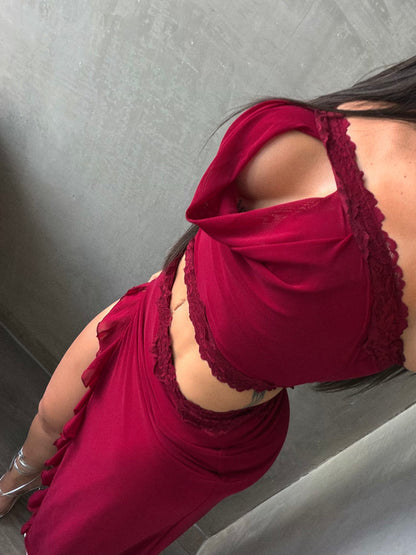 Burgundy Strapless Mesh Maxi Dress
