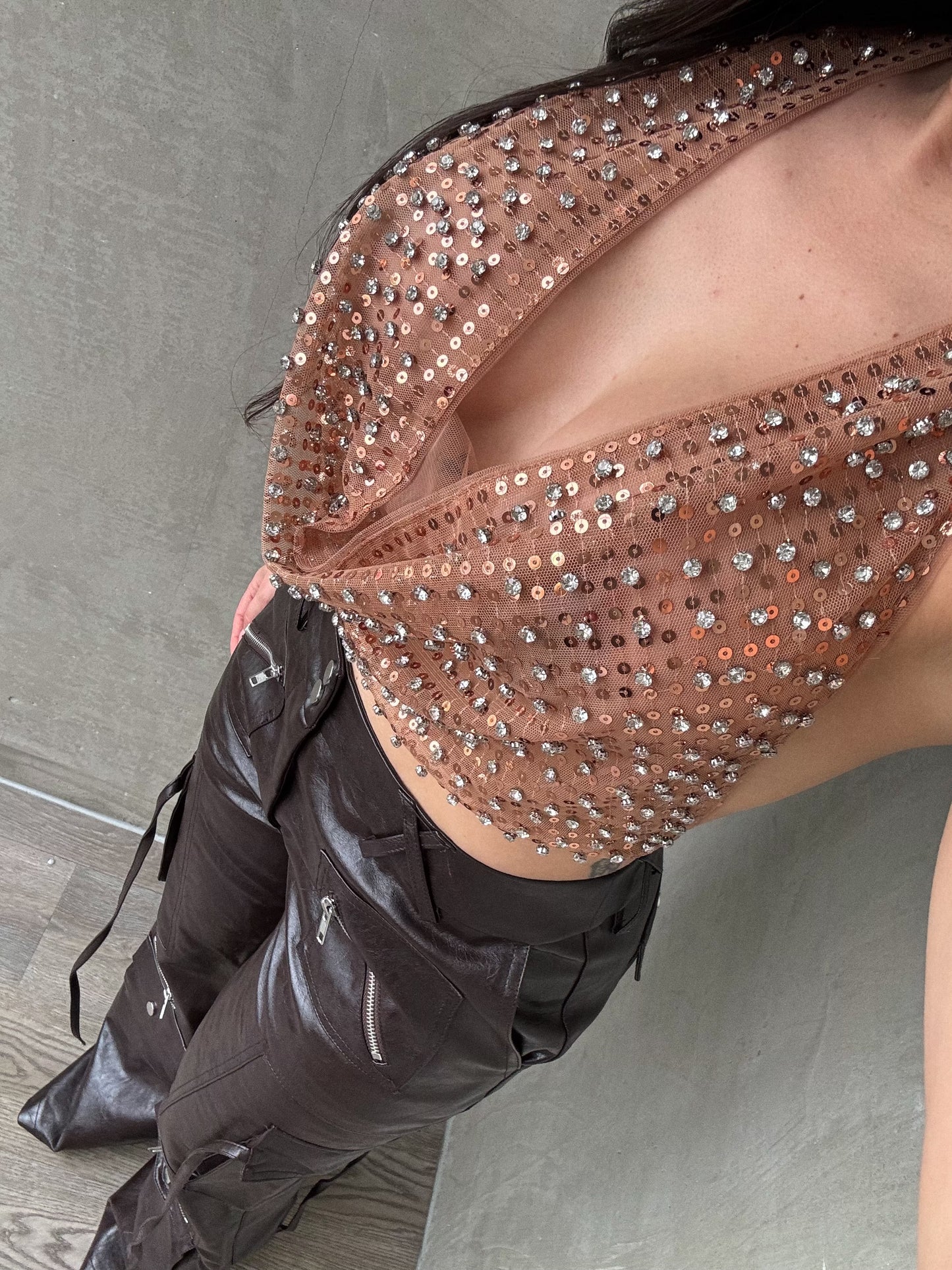 Beige Sequin Rhinestones Top