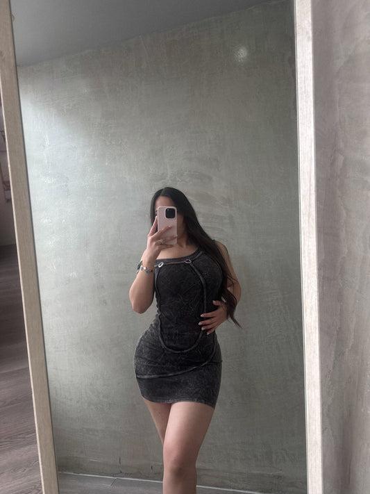 Acid Black Mineral Wash Asymmetrical Dress