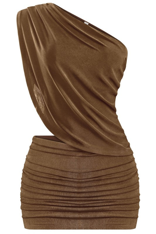 Brown Asymmetrical One Shoulder Dress