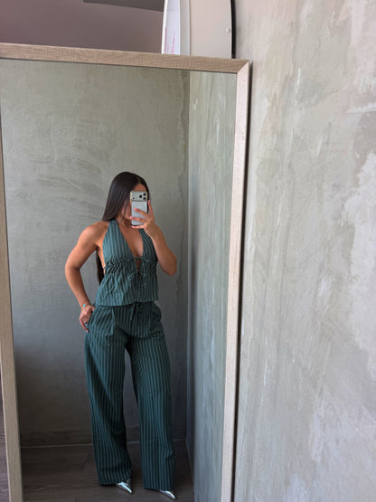 Olive Stripes Pants Set