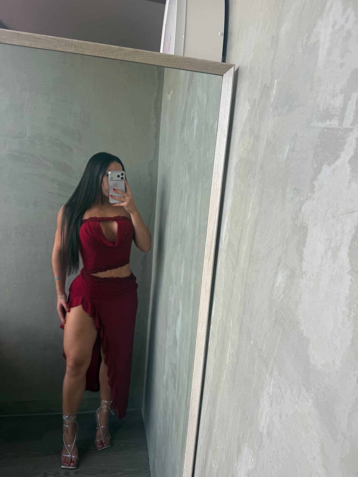 Burgundy Strapless Mesh Maxi Dress