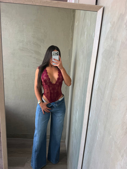 Burgundy Lace Halter Bodysuit