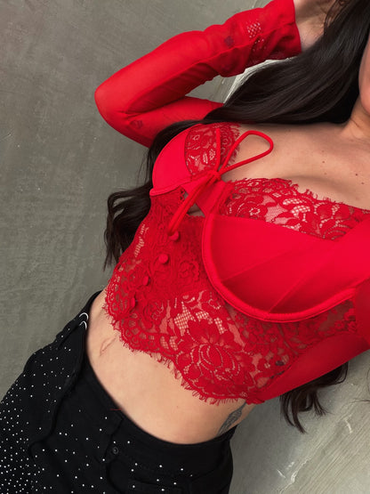 Red Lace Mesh Corset Top