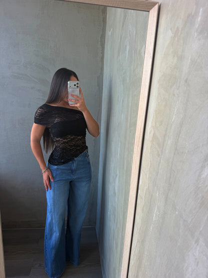 Black One Shoulder Lace Top