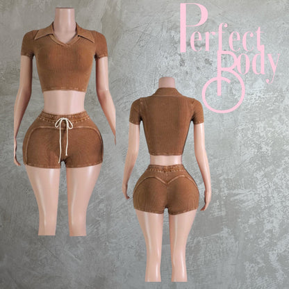 Coffee Mineral Wash Shorts & Crop Top Set