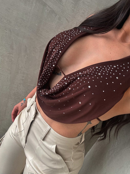 Brown Rhinestones Halter Top