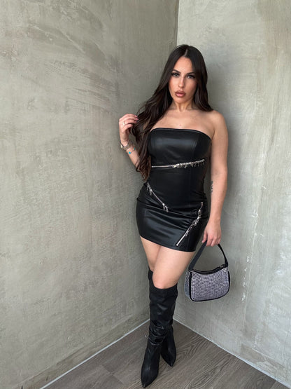 Black Leather Zipper Dress