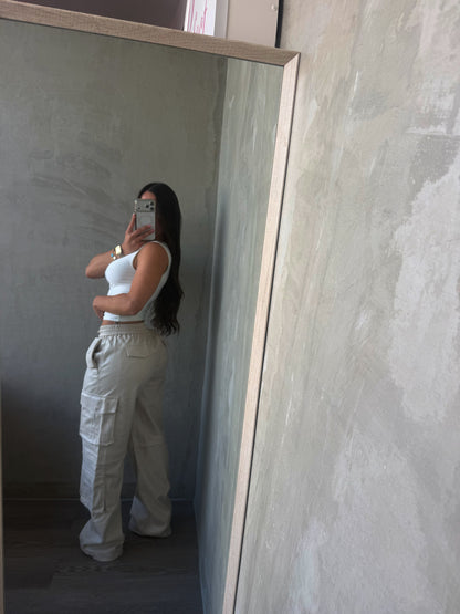 Cream Cargo Leather Pants