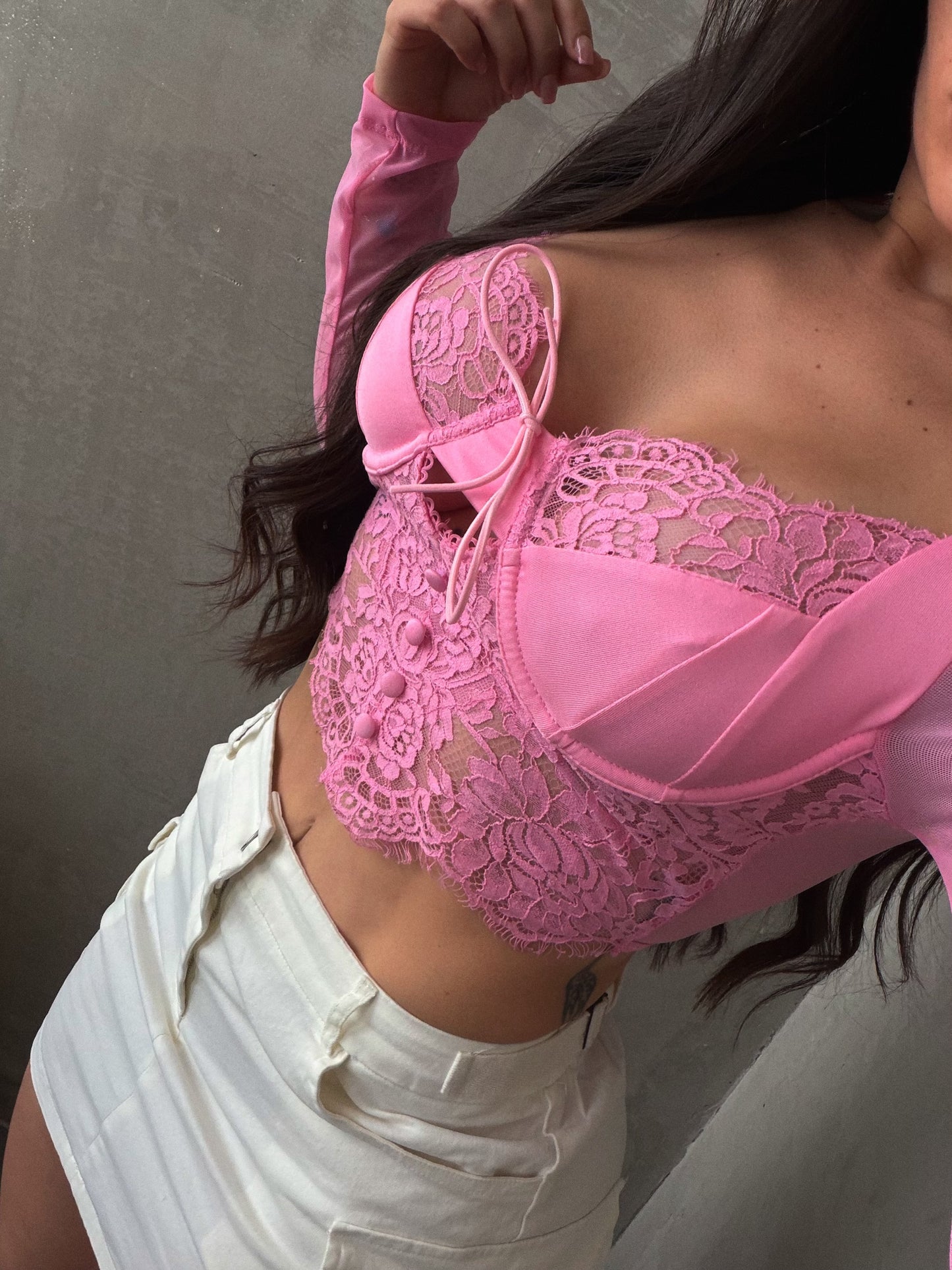 Light Pink Lace Mesh Long Sleeve Corset Top