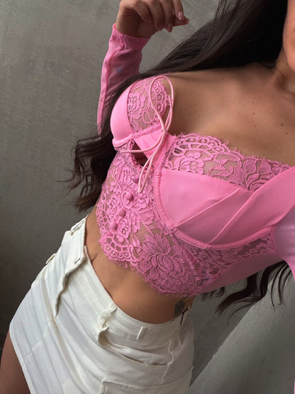 Light Pink Lace Mesh Long Sleeve Corset Top