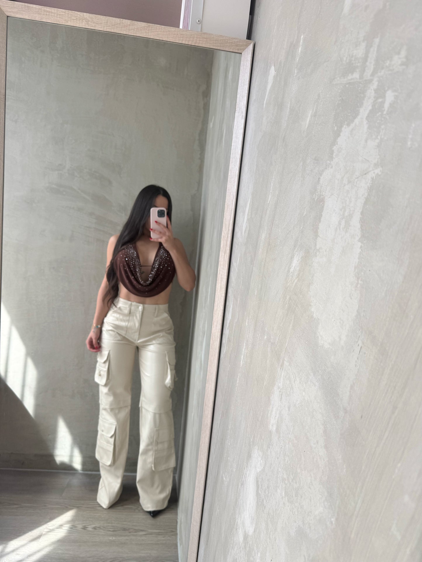 Brown Rhinestones Halter Top