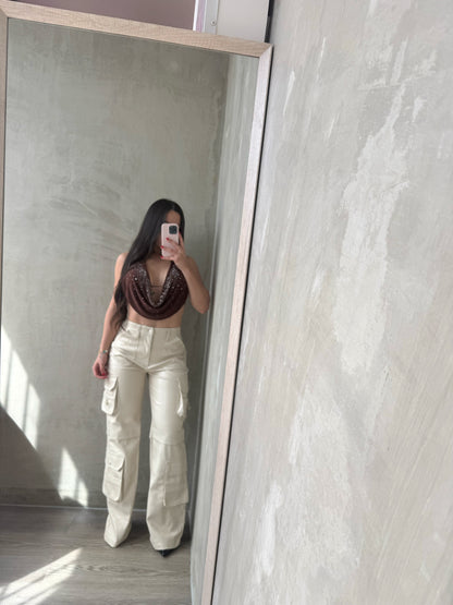 Brown Rhinestones Halter Top