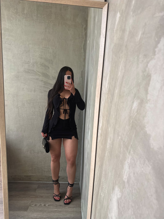 Black Long Sleeve Ruffled Dress