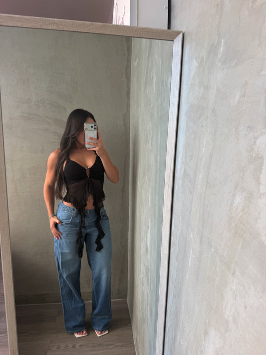 Black Mesh Halter Ruffle Top