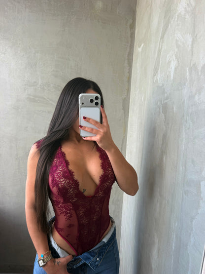 Burgundy Lace Halter Bodysuit