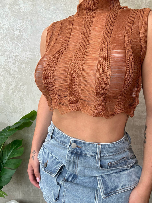 Brown Knit Crop Top