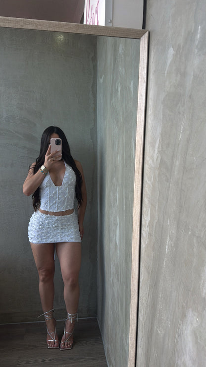 Off White Floral Lace Corset & Skirt Set