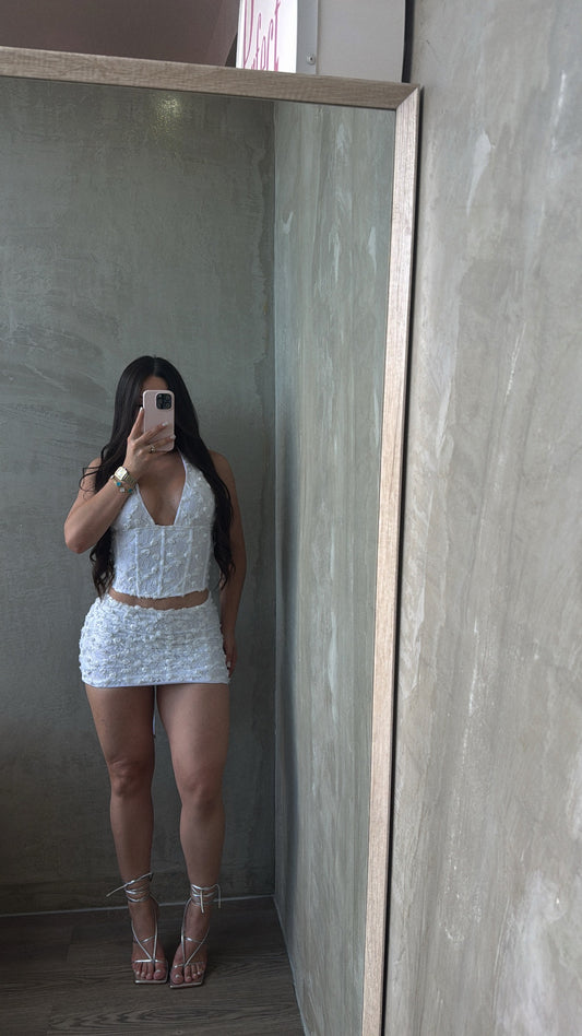 Off White Floral Lace Corset & Skirt Set