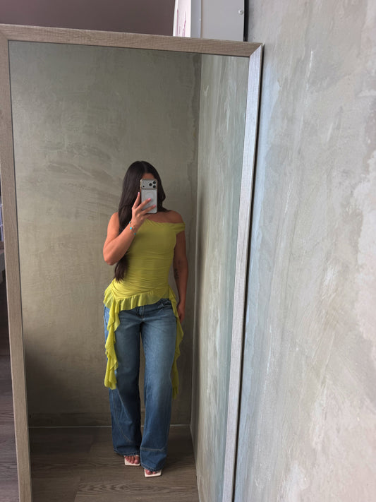 Chartreuse Green Asymmetrical Mesh Top
