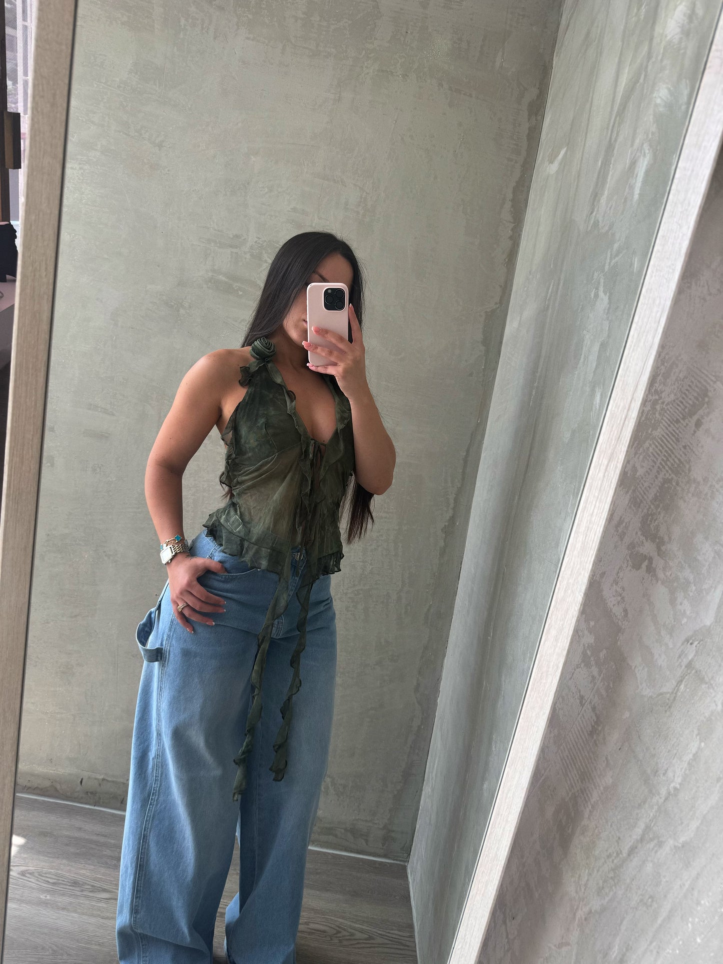 Olive Mesh Ruffled Top
