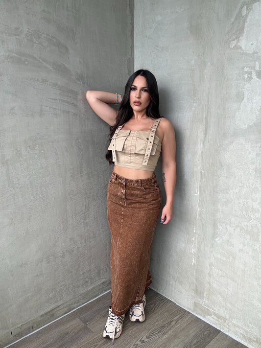 Brown Denim Maxi Skirt