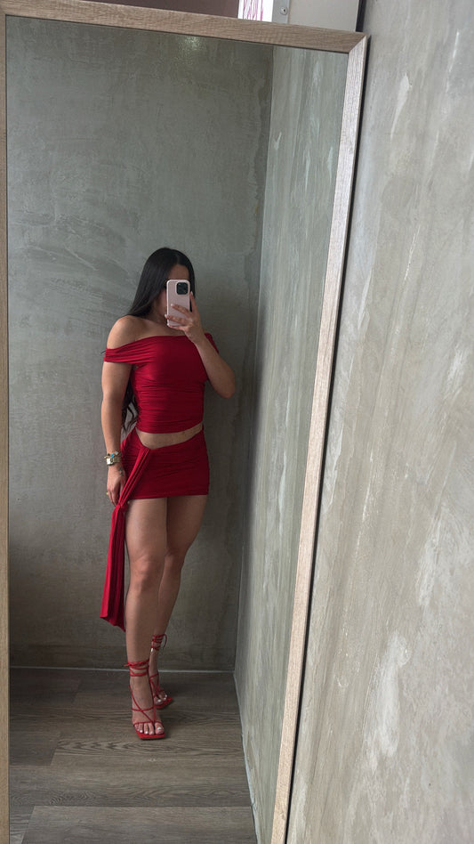 Red Asymmetrical Skirt Set