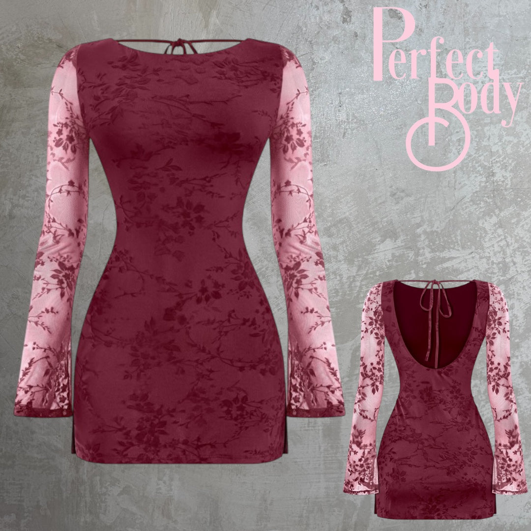 Burgundy Long Sleeve Floral Dress
