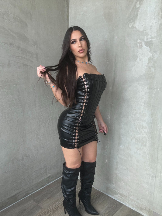 Black Leather Lace Up Corset Dress