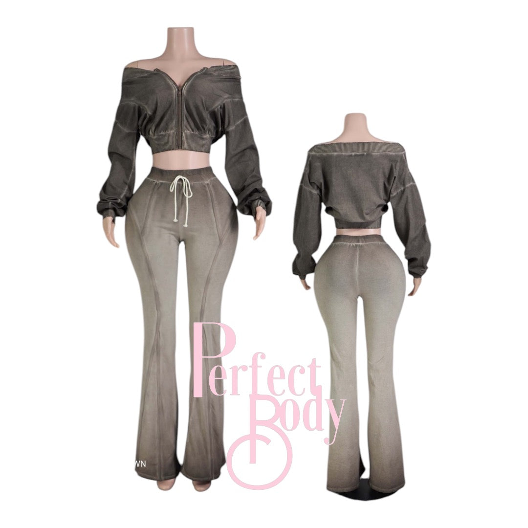 Brown Ombre Flare Pants Crop Jacket Set