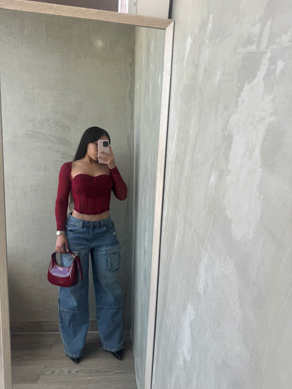 Burgundy Mesh Bustier Top